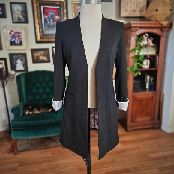 Calvin Klein Black Open Front Longline Blazer Jacket Womens Size 4 - Picture 2 of 7